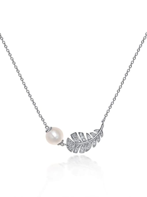 White [P 0851] 925 Sterling Silver High Carbon Diamond Feather Dainty Necklace